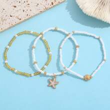 Set de 3 piezas Tobillera con colgante diseño de estrella de mar y concha, estilo bohemio vintage con cuentas, adecuado para verano, diario, fiesta, vacaciones en la playa (cantidad y orden de cuentas aleatorio)