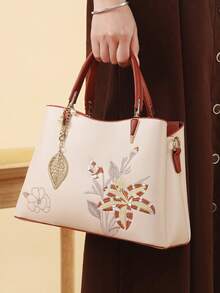Elegant Floral Embroidered Large Capacity Tote Bag For Women - Pink & Brown Handbag With Golden-Tone Hardware, Zip Closure, Polyester Lining, Urban Chic Design