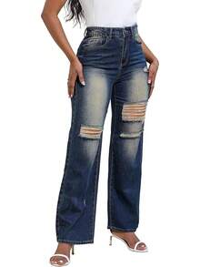 THUNDER Womens High Waisted Wide Leg Jeans Stretchy Distressed Pants - N Blue - View 5