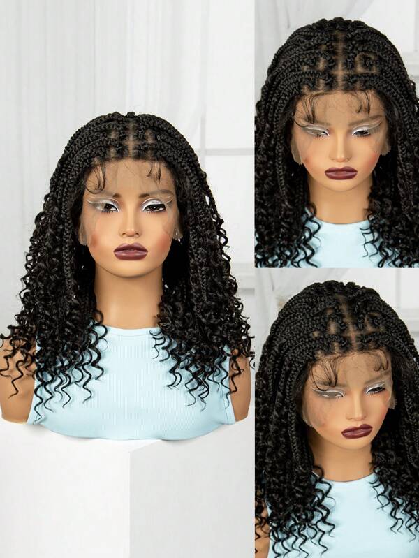 A Short Bohemian Braided Wig With A Large Area Of High-Definition Full Lace Women'S Knotless Bob Braid Wig, Box Shaped Braided Wig, Curled End, Multiple Colors In Burgundy