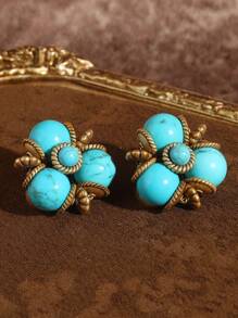 2pcs Vintage Antique Bronze Plated 18K Gold Clover Faux Agate Glass Pearl Green Turquoise Beaded Dangle Earrings