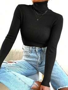 Women's Ribbed Knit Blouse Turtleneck Long Sleeve Elegant Simple Polyester Knitted Home Beach Daily - 黑色 - 查看 1