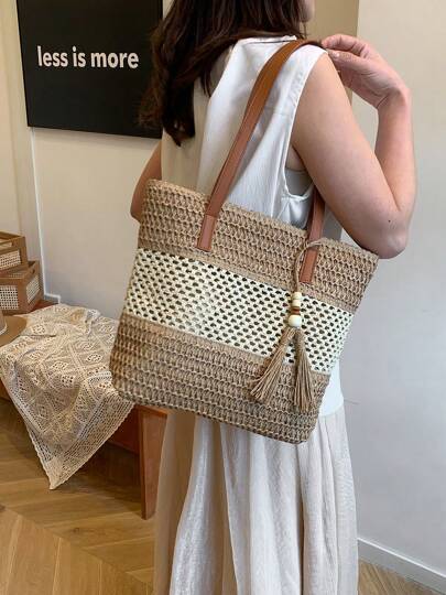 Women's Large Capacity Tote Bag Fashion Tassel Beach Shoulder Bag Handbag, Suitable For Travel, Daily Shopping