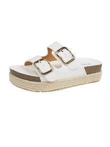 Wedge Sandals With Metal Buckles, Platform Espadrilles - White - View 6