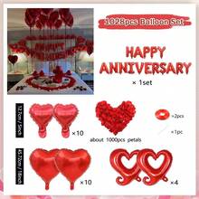 1019 件/1027 件/1028 件/5 件红色周年庆典装饰套装，包括周年快乐横幅、金色心形铝箔气球、金色爱心气球和 1000 片玫瑰花瓣，适用于周年纪念、婚礼、新娘送礼会、情人节、浪漫惊喜之夜、生日、新年装饰 - 紅色 - 查看 11