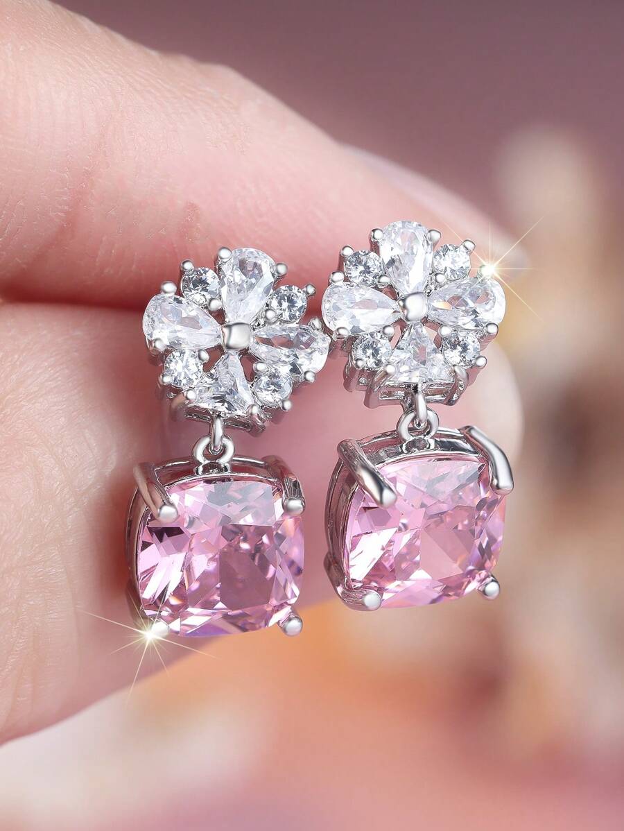 1 Pair Elegant Square Cut Pink Synthetic Zirconia & Floral White Synthetic Zirconia Silver White Plated Stud Earrings For Women, Luxury For Weddings, Parties, Festivals And Everyday Wear, All Season