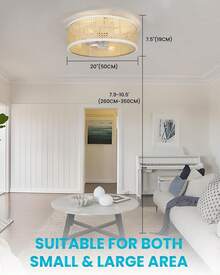 20" Boho Ceiling Fan With Light,Rattan Caged Boho Fandelier With Lights & Remote Control,Low Profile/Bladeless/6 Speed/Timer/Quiet DC Motor, Or Bedroom Living Kitchen Room (White) - 白色 - 查看 5