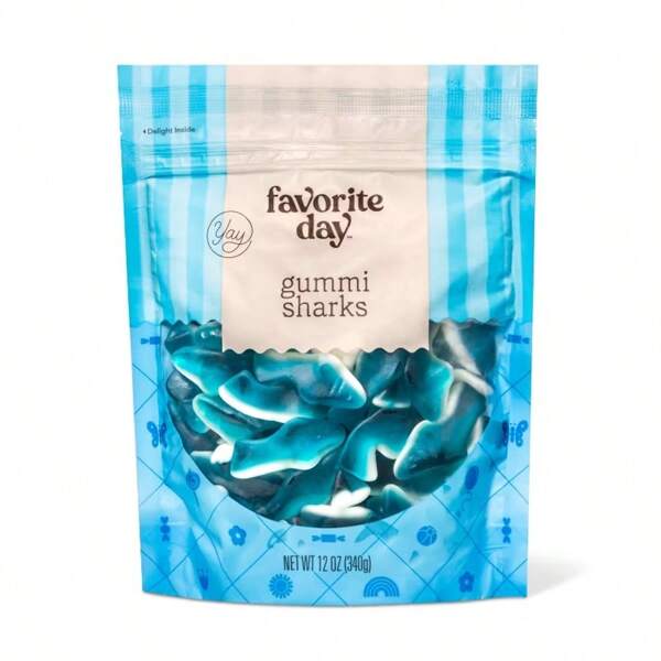 2025 Favorite Day™ Gummi Sharks Candy - 12oz | Chewy Fruity Flavors, Colorful Shark Shapes | Mixed Berry, Lemon-Lime & Orange Burst , Beach Themed Treats, Lunchbox Surprises | Bulk Pack, Nut-Free, Kosher | Great For Summer Road Trips & Treasure Hunt Goodies