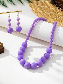 3件套时尚优雅彩色串珠项链耳环套装，适合女性日常、度假、派对装扮 - 紫色 - 查看 5