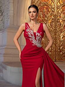 VIPGIRL Elegantes rotes Pailletten-Applikations-Ärmellos-Meerjungfrau-Abendkleid mit hohem Schlitz, körperbetontes Abendkleid, Abschlussball-Kleider für Frauen, Abendgowns, Luxuskleid, Partykleid, Hochzeitsgast - Rot - Übersicht 7