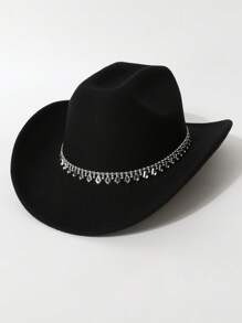 1 Peça Chapéu de Feltro Unissex, Chapéu de Feltro de Lã de Cor Sólida e Plano na Parte Superior com Decoração de Cinto em Formato de Diamante, Chapéu de Cowboy Ocidental Estiloso, Adequado para Noiva, Apresentação, Festa, Uso Externo, Todas as Estações