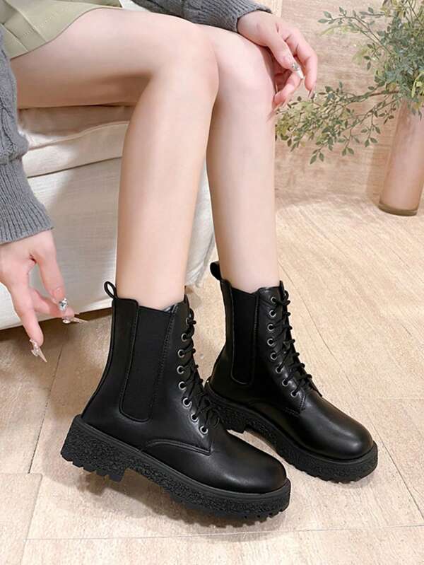 Botas de tobillo negras con cordones de mujer de moda, versátiles para combinar con pantalones o leggings, botas cortas elegantes