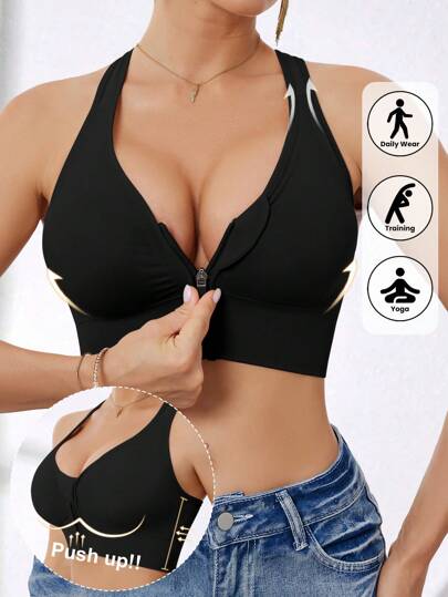 Ladies High Impact Front Zip Wirefree Seamless Elastic Sports Yoga Running BH Women