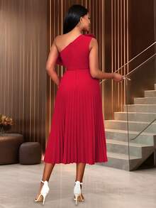 One Shoulder Frill Neck Pleated Dress Party Summer - Red - View 3