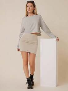 Women's Basic High Waisted Pencil Bodycon Short Skirt - Light Khaki - View 5