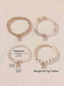 4pcs Bohemian Handmade Glass Beaded Bracelet Set With Flower Bead & Butterfly Pendant For Women, Elastic - 米色 - 查看 4