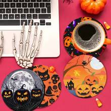 4pcs/Set Halloween Cup Coasters, Pumpkin Pattern Round Coasters With Rubber Base, Suitable For Drinks, Coffee, Decoration, Home, Office, Bar, Holiday Or Party