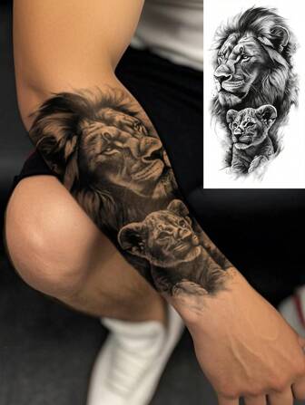 1 hoja de tatuajes temporales de gran tamaño para hombres, con diseños realistas de león padre e hijo en estilo animal negro, resistentes al agua, duran de 2 a 5 días, cubren cicatrices y se pueden usar en brazos, muñecas, hombros, piernas, cintura, cuello, mano, pecho, muslos y dedos, adecuados para vestir el Body, vacaciones, regalos, fiestas y festivales de música.