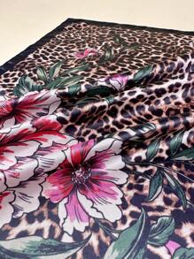 1 Stück Damen Blumen und Leopard Muster Quadratischer Schal, elegantes Halstuch Bandana, Satinschal als Haraccessoire