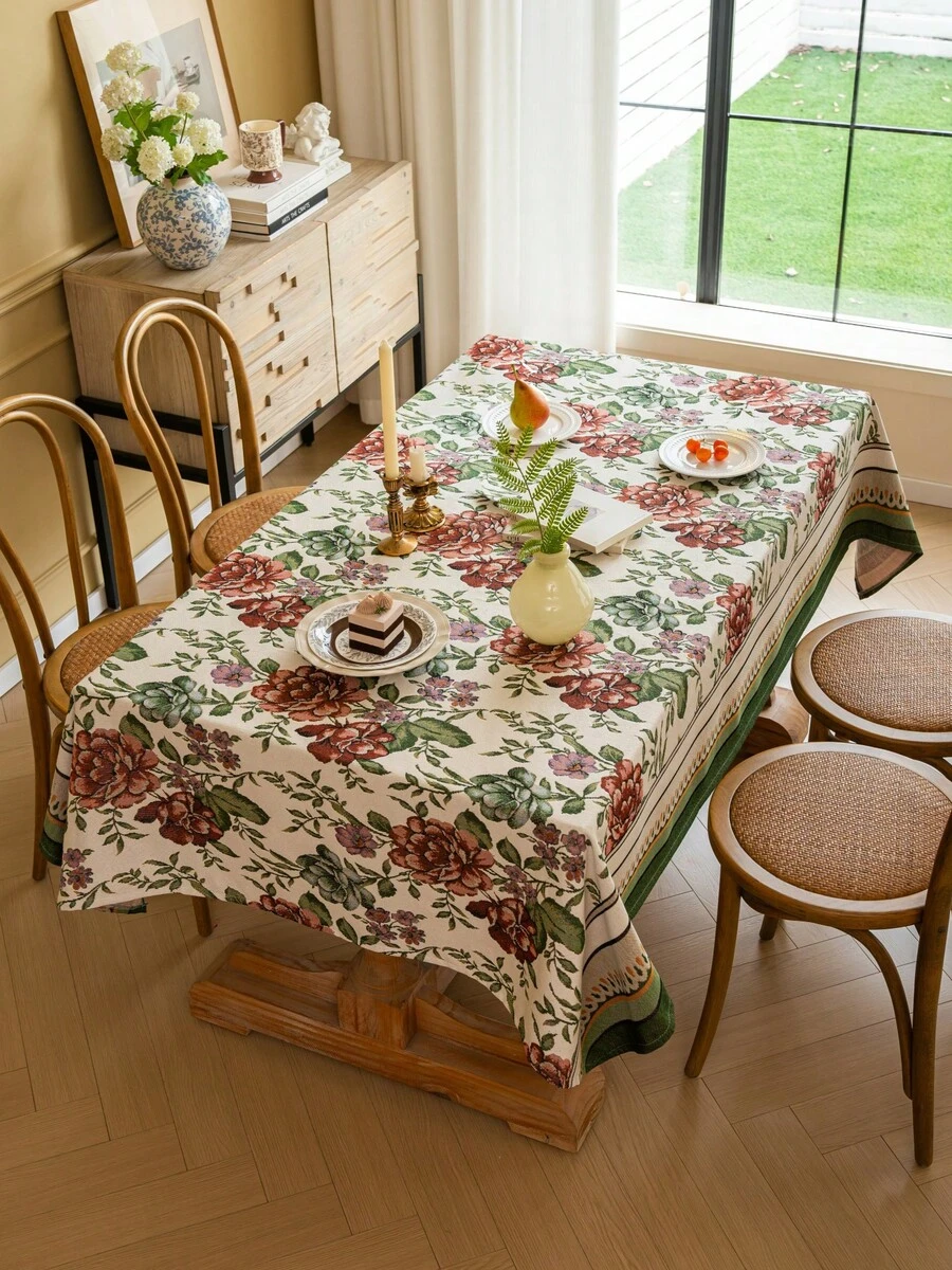 1 pièce Nappe de style rétro américain à motif floral jacquard, rectangle à bordure festonnée verte, convenant pour la cuisine, les fêtes, les anniversaires, la décoration de banquet, l'ameublement de la maison, les pique-niques en extérieur, les décors photo, toute saison - Multicolore - Voir 1