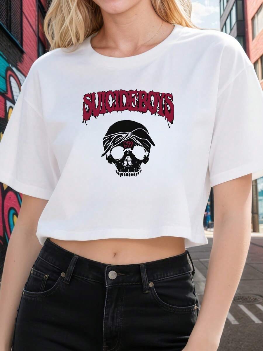 Women's Summer Skull G59 Crop TShirt Exposed Navel T-Shirt , Women's New Summer Casual Crew Neck Pure Cotton Short-Sleeved T-Shirt(1 PC) - 白色 - 查看 1