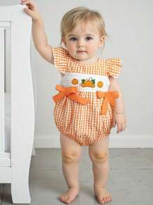 Baby Girl Halloween Romper Pumpkin Embroidered Plaid Bows Crew Neck Flying Sleeve Jumpsuit For Fall