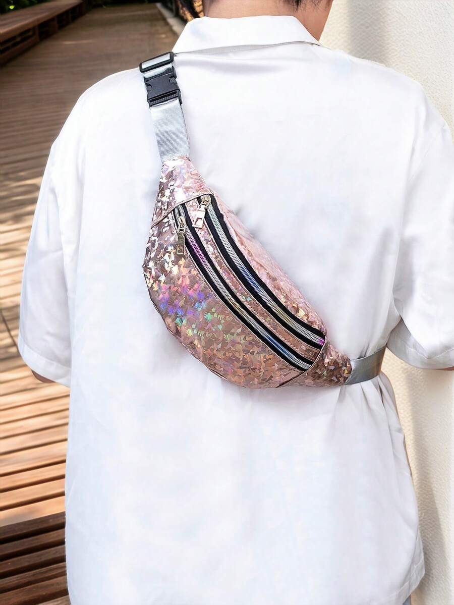 DareSee 全息双拉链腰包 斜挎包 音乐节 Y2K 节 返校季 秋冬季礼物 音乐节 - 香檳色 - 查看 1