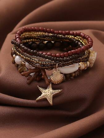 2 Piece Set Of Ocean Elements Bracelet, Including Coral, Starfish, Shell & More Elements, Fashionable Jewelry For Summer Vacation, Travel & Holiday