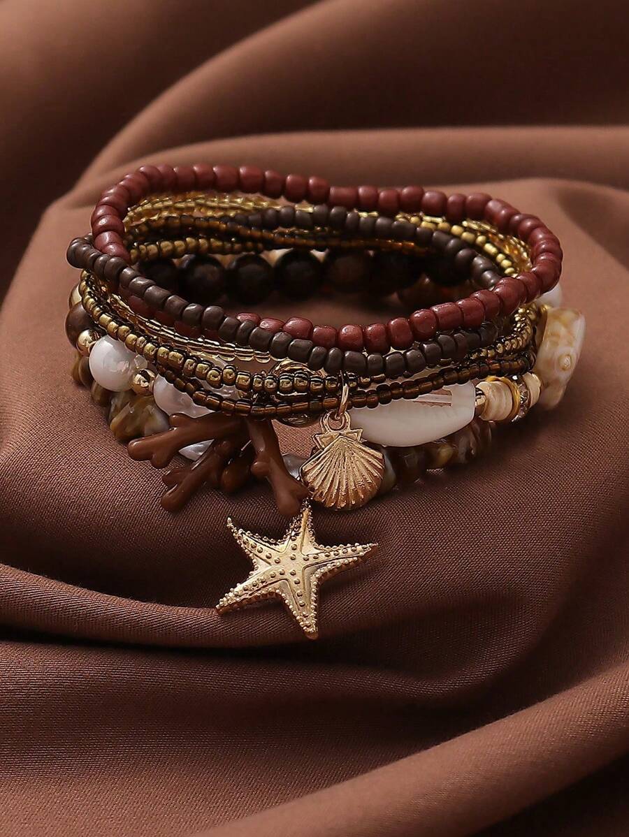 Conjunto de 2 piezas de pulsera con elementos del océano, incluyendo coral, estrella de mar, concha y talla grande elementos, joyería de moda para vacaciones de verano, viajes y festividades