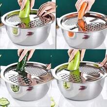 3 件套不锈钢厨房备餐套装：集成磨碎器、多功能滤网和带排水系统的搅拌碗，用于清洗、切片水果、蔬菜和奶酪 - 彩色 - 查看 3