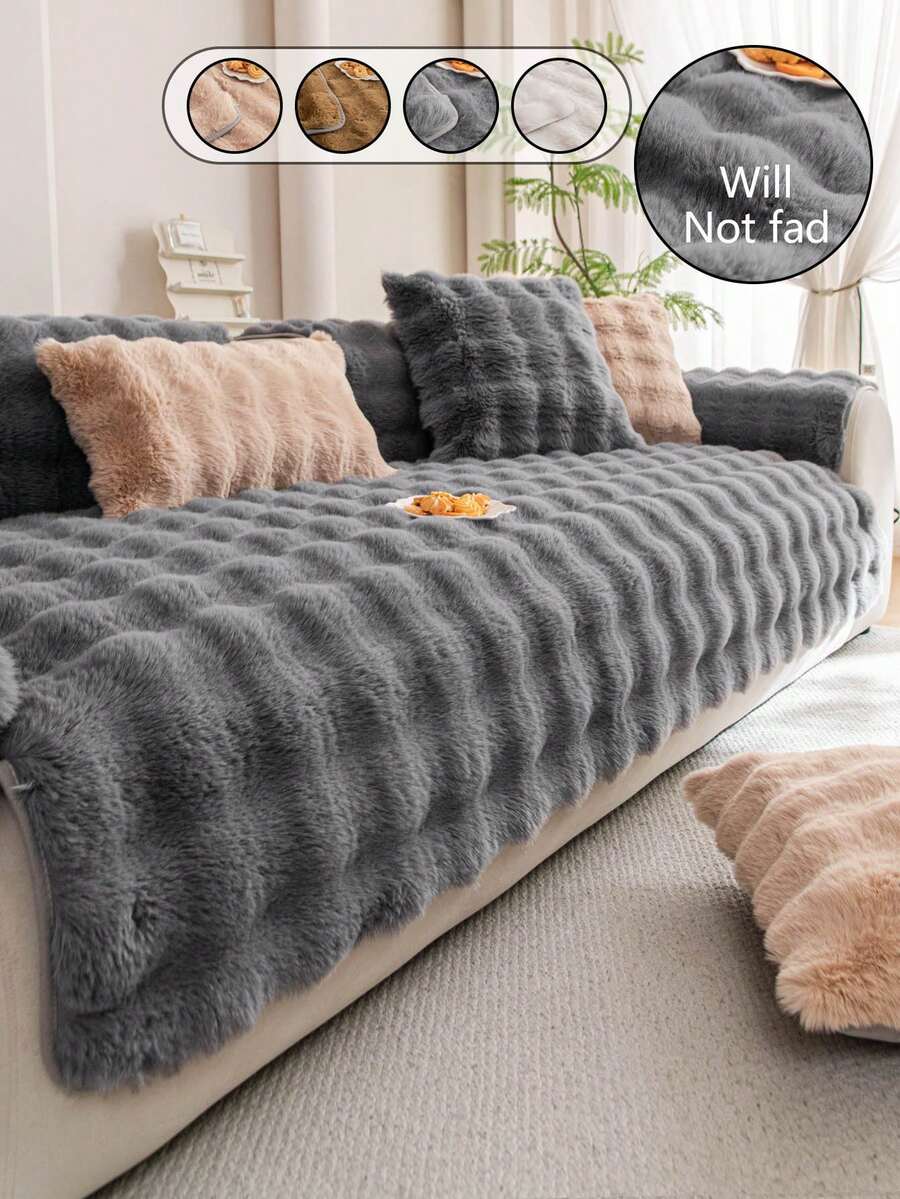 1pc Plush Stitching Sofa Cushion, Simple Style Soft, Anti-Slip And Dirt-Resistant Sofa Pad For All Seasons - Grey - View 1