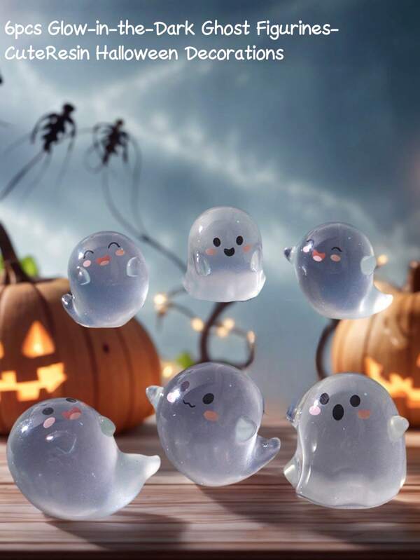 6pcs Glow-In-The-Dark Ghost Figurines - Cute Resin Decor, For Home, Garden, Halloween Decorations | Spooky Cute Gift
