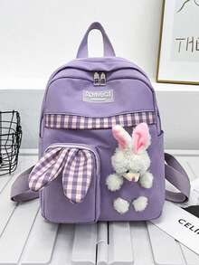 Kawaii Plaid Pattern Backpack, Cute Preppy Style School Bag, Large Capacity Durable Travel Rucksack - Purple - View 2