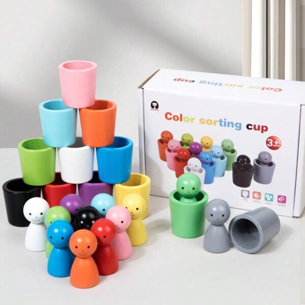 24pcs/Set Color Sorting Cup Set: Wooden Peg Dolls And Cups, Suitable For Children's Play And Learning, Wooden Color Recognition, Matching And Stacking Toy, Parent-Child Interaction, Hand-Eye Coordination, Educational Toy