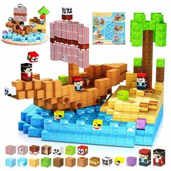 Regalo de vuelta al colegio para niños - Bloques de cubo magnéticos, juguete de construcción de barco pirata, juego de construcción del mundo de bloques magnéticos, juguete de construcción sensorial STEM, regalo de Navidad y cumpleaños, juguete educativo Montessori para niños y niñas