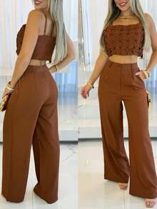 Women's Tailored Wide Leg Trousers With Button And Zipper - Rust Brown - View 1