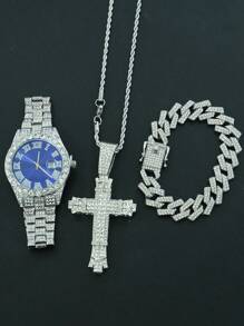 1 Set Confezione regalo uomo con ciondolo a croce 3D con catena intrecciata, bracciale con diamanti e orologio, regalo di moda di alta qualità personalizzato per amici