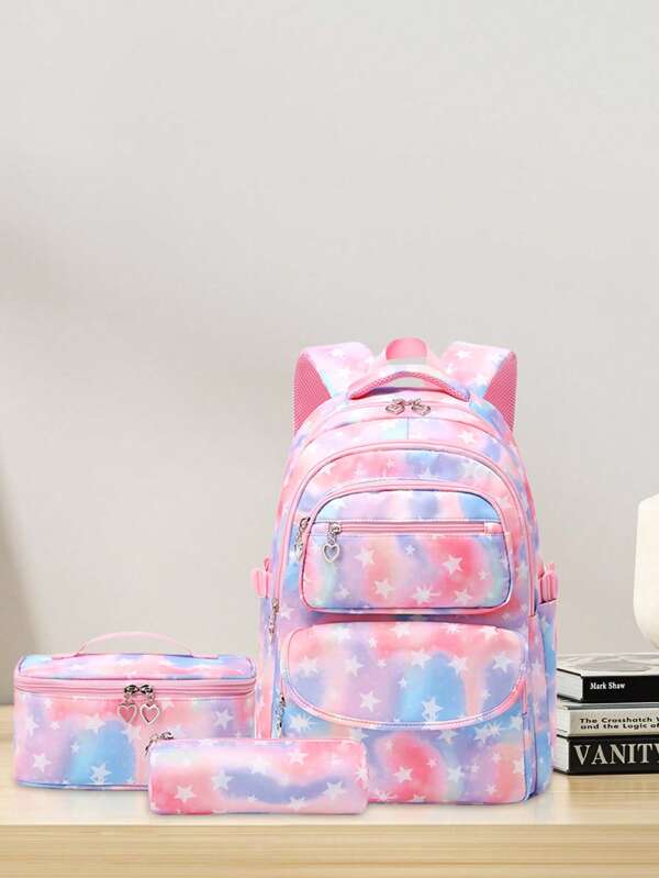 Set di 3 pezzi di zaino con stampa a stelle, con astuccio e borsa termica, design multi-scomparti con grande capacità, cinghie regolabili e confortevoli, schienale traspirante, strisce riflettenti per l'uso notturno, tasche laterali per bottiglia d'acqua e ombrello, adatto per uso quotidiano e viaggi, zaino in poliestere impermeabile, regalo per il ritorno a scuola