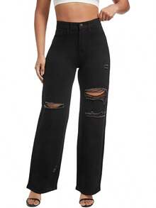 THUNDER Womens High Waisted Wide Leg Jeans Stretchy Distressed Pants - Black - View 4