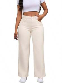 THUNDER Womens High Waisted Wide Leg Jeans Stretchy Distressed Pants - Beige White - View 4
