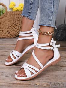 女士平底罗马凉鞋，夏季露趾低跟皮革扣镂空高帮凉鞋，百搭平底凉鞋