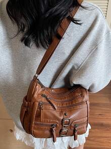 女士软皮斜挎包，中年单肩包，春秋新款 - 棕色 - 查看 11