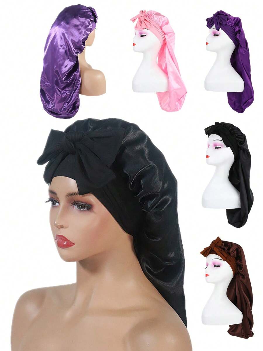 1 件超大可调节护发帽，带丝带，舒适睡帽，蝴蝶结长尾睡帽，高弹力女士塔夫绸发巾，缎面丝绸长丝带可调节睡帽，适合夜间护发、返校、旅行度假必需品、女士发饰