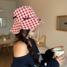 1PC Bucket Hats For Woman Checkered Bow Beach Sun Hat Suitable For Women Outdoor Protective Foldable - Multicolor - View 7