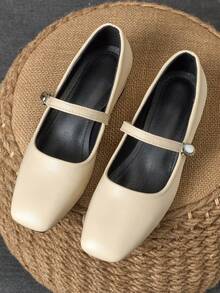 MonaNise 女士3厘米布面包跟黑色时尚百搭藏蓝色、咖啡色、酒红色低跟粗跟优雅玛丽珍平底鞋