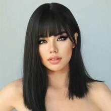 Peluca sintética femenina, medio y largo pelo liso, simulación de cabello, extremo de un cuchillo, seda negra de alta temperatura, cubierta de cabeza completa 4FJM - 791-negro - Ver 9