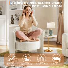 Barrel Accent Chair, Modern Upholstered Armchair Sherpa Boucle Round Chair With 3 Wood Legs Cozy Oversized Living Room Chair With Open Back For Living Room, Bedroom - White - View 4