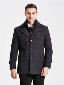 Men's Single-Breasted Woolen Overcoat, Removable Collar, Solid Color Minimalist Commuter Jacket For Autumn/Winter