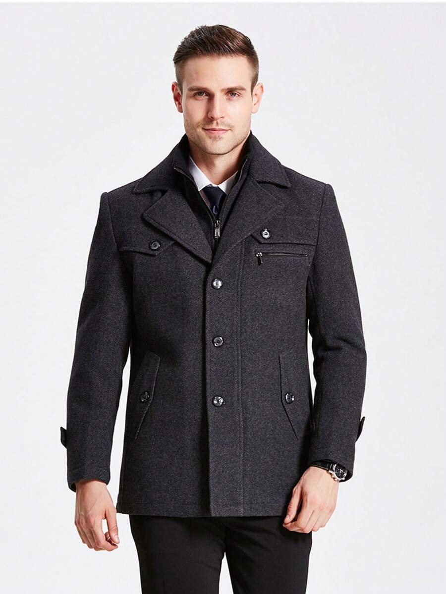 Men's Single-Breasted Woolen Overcoat, Removable Collar, Solid Color Minimalist Commuter Jacket For Autumn/Winter