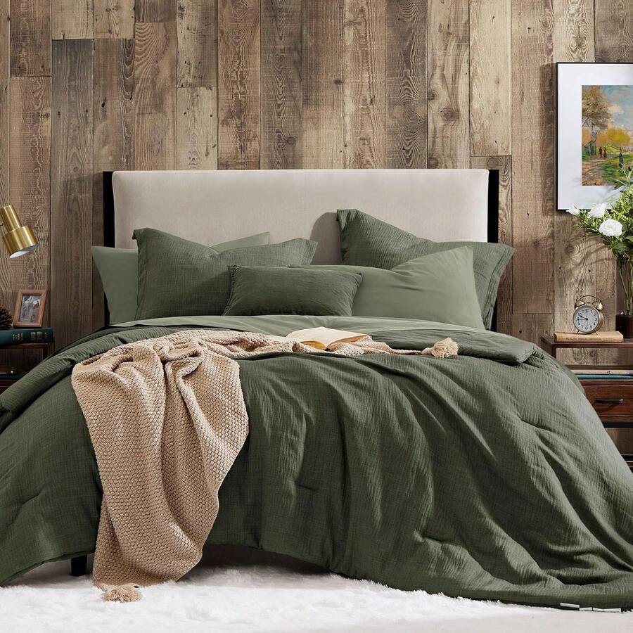 Dark Olive Green Full Comforter Set - 7 Pieces Comforter Full Size, Solid Bedding Set For All Season, Textured Bed In A Bag With Sheets - Dark Green - View 1